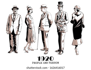 Vintage vector art deco people set. Gatsby fashion style set. Group of retro woman and man. Design in 20's style, sketch style, engravings with people