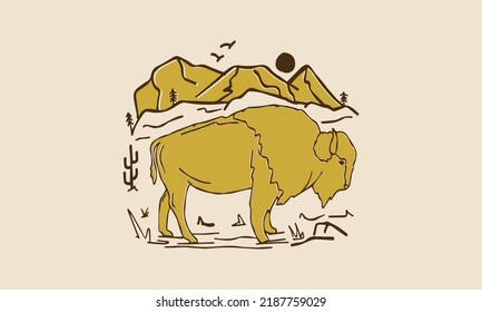 vintage vector art illustration bison in the wild