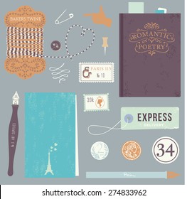 Vintage vector art tools - fountain pen, notebook, tag, stamps, book, bakers twine, brush, pin
