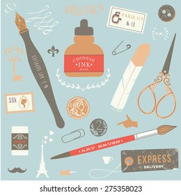 Vintage vector art tools - ink, fountain pen, tag, stamps, brush, pin