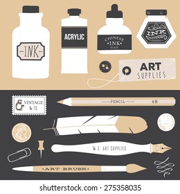 Vintage vector art tools - ink, fountain pe, tag, stamps, brush, pin