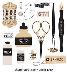 Vintage vector art tools - ink, fountain pen, tag, stamps, brush, pin, scissors, paint