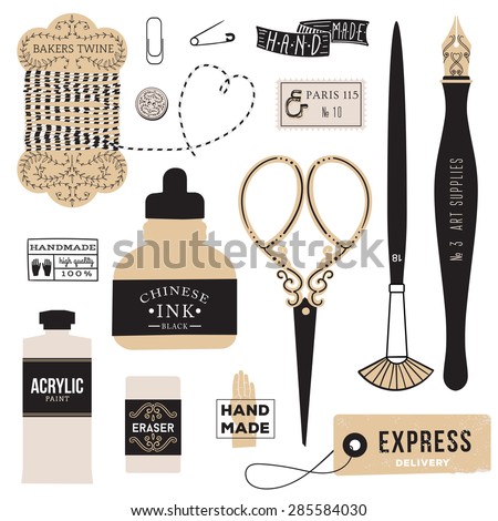 Vintage vector art tools - ink, fountain pen, tag, stamps, brush, pin, scissors, paint