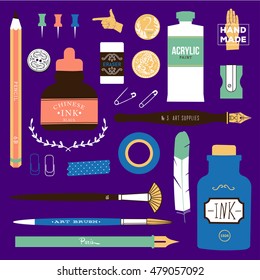 Vintage vector art tools - pens, ink, tag, stamps, brushes, pin.
