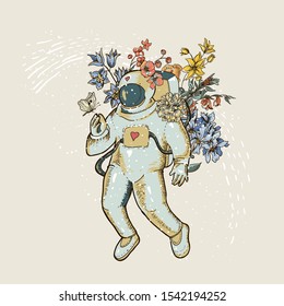 Vintage vector astronaut illustration with flowers. Science fiction, Hand drawn space, Spaceman with heart.