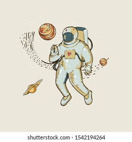 Vintage vector astronaut in space, planet and stars. Science fiction, Hand drawn illustration, Spaceman with heart.