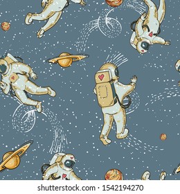 Vintage vector astronaut in space seamless pattern, planet and stars. Science fiction, Hand drawn wallpaper on blue background. Spaceman with heart.