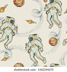 Vintage vector astronaut in space seamless pattern, planet and stars. Science fiction, Hand drawn wallpaper on white background. Spaceman with heart.