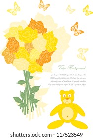 vintage vector backdrop design with romantic teddy bear,roses and butterflies isolated on white background with place for your text