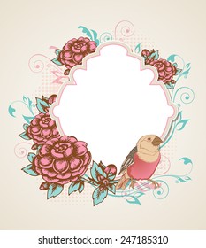 Vintage vector background with bird sitting on a flowering branch.