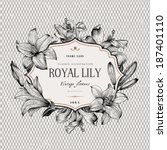 Vintage vector background with black and white drawn frame of lilies on a background of a geometric pattern.