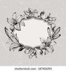 Vintage vector background with black and white drawn frame of lilies on a background of a geometric pattern. Illustration, paper, ink, pen. Design element.
