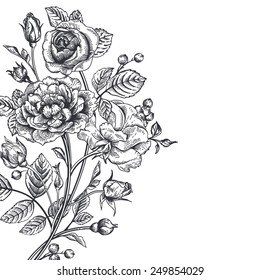 Vintage vector background with a bouquet of roses. Black and white illustration.