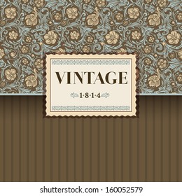 Vintage vector background in classical baroque style. Stylized beige flowers with emerald green swirls and leaves on a brown background. Renaissance.