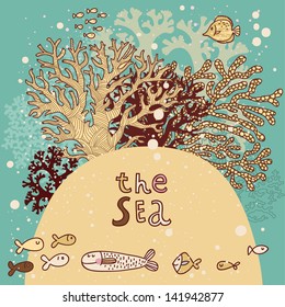 Vintage vector background with corals and fishes. Underwater live card. Summer vacation.
