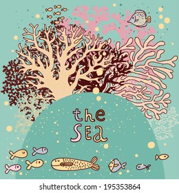 Vintage vector background with corals and fishes. Underwater live card. Summer vacation concept card 