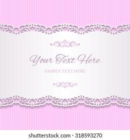 Vintage vector background with cutout lace borders. Seamless lacy 3d tape on pink background. EPS 10