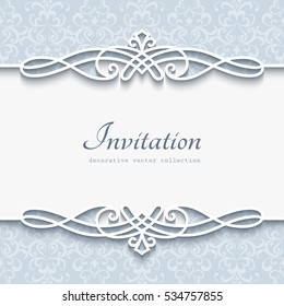Vintage vector background with cutout paper border decoration, decorative flourish frame template, wedding invitation or announcement template, eps10