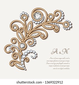 Vintage vector background with diamond jewelry flower, elegant floral decoration for wedding invitation or save the date card design with place for text