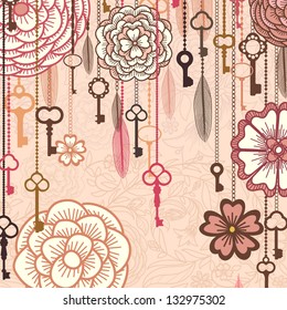 Vintage vector background with flowers,keys and feathers