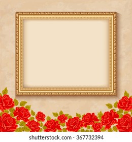 Vintage vector background with a gold frame and red roses. 