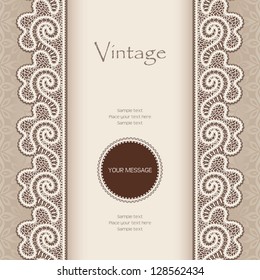 Vintage vector background with lace seamless borders, ornamental label