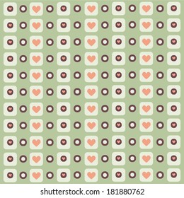 Vintage vector background with pistachio squares, hearts, small and large peas