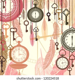 Vintage vector background with pocket watches and feathers