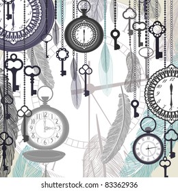 Fondo vectorial vintage con relojes de bolsillo y plumas