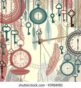 Vintage vector background with pocket watches and feathers