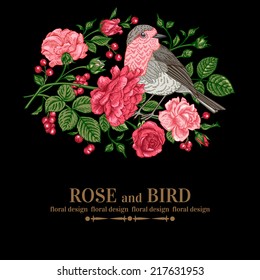 Vintage vector background with roses and bird on a black background.