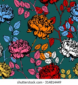 Vintage vector background with roses, creative seamless pattern, retro wallpaper, beautiful fabric and wrapping with grunge flowers for decoration and design