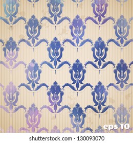 Vintage vector background. Stencils in the form of damask pattern on watercolors substrate. Striped paper and blots.