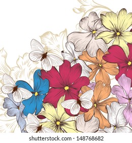 Vintage vector background with swirls, hand drawn flowers and space for text