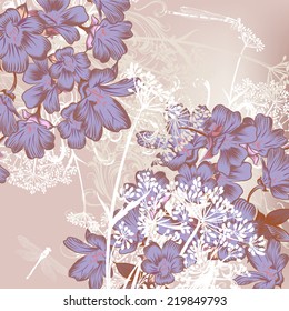 Vintage vector background with swirls and hand drawn flowers