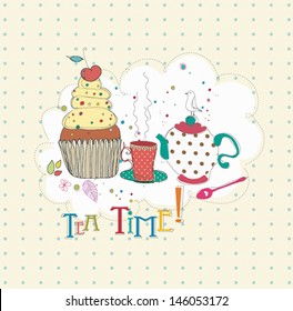 Vintage vector background with tea, cups, cup cake,  bird, flowers and butterfly. Retro Tea party card with place for text.