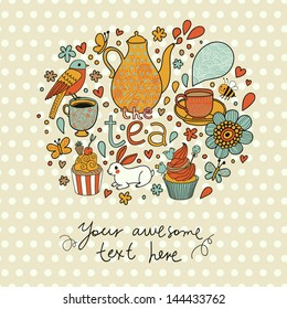 Vintage vector background with tea, kettle, cups, cupcakes, rabbit, bird, flowers, butterfly, bee. Retro Tea party card with place for text.