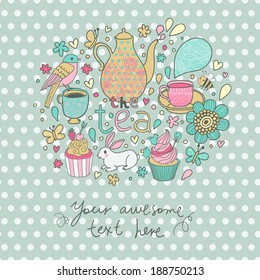 Vintage vector background with tea, kettle, cups, cupcakes, rabbit, bird, flowers, butterfly, bee. Retro Tea party card with place for text.