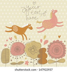 Vintage vector background with two horses jumping in the garden. Beautiful retro flowers in the field. Place for text.