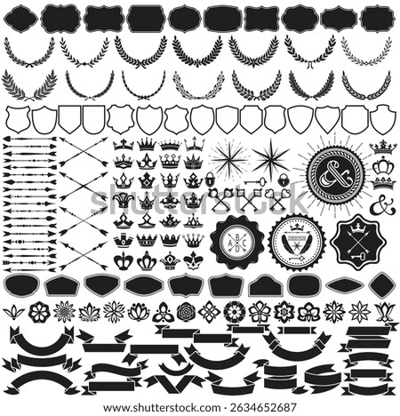 Vintage Vector Badge Elements Set Heraldic Shields Crowns Arrows Ribbons and Laurels	