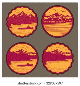 vintage vector badge illustration of nature, mountain and lake