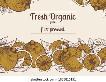 Banner vectorial vintage con limones y hojas negras y blancas sobre fondo marrón. Imitación del dibujo a mano en papel artesanal antiguo. Ilustración para la publicidad de productos orgánicos o diseño de envases de zumo
