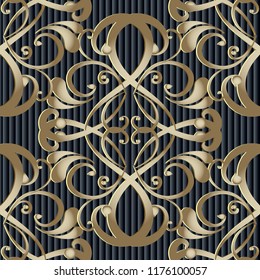 Vintage vector Baroque 3d seamless pattern. Striped ornamental black background. Textured backdrop. Line art tracery hand drawn swirls Damask ornament with flowers, leaves. Abstract  decorative design