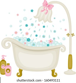 Ilustración de baño de Vector de Antiguas. Burbujas con ducha floral. Aislado en blanco