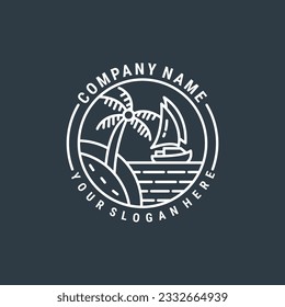 Vintage Vector for the beach with the image of a palm tree and the sea line style .