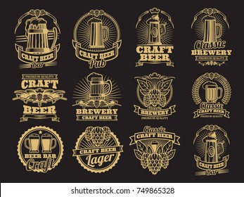 Vintage vector beer labels on black background. Beer label brewery, alcohol drink beverage illustration