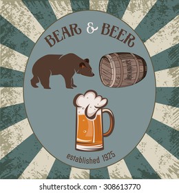 Vintage vector beer set with barrel and bear. Retro poster for restaurant or beer cafe.  Vintage vector label or banner design. 