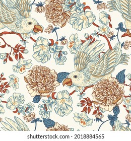 Vintage Vector Bird With Flowers Seamless Pattern. Natural Floral Illustration, Floral Blooming Texture. Regency Core Botanical Background.