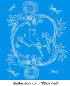 Vintage vector bird, Hand-drawn frames and dragonfly in chinoiserie style for wedding, scrapbooking and floral design