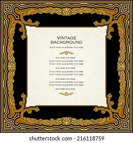 Vintage vector black card in islamic style, royal gold frame, ornamental border, page for text, ramadan greeting, rich element for wedding decoration and invitation design.